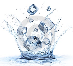 Ice Cubes Fall In Cold Water With Splash