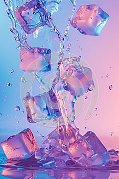 Ice Cubes Fall In Cold Water With Splash