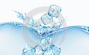 Ice cubes falling into blue transparent wave of water splash with bubbles isolated on white background. Real transparent