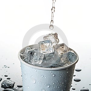 Ice falling into cup isolated on white background