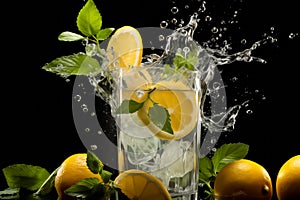 Ice cubes falling into a glass of lemonade with lemon slices and mint leaves, water splashing