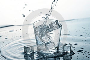 Ice cubes falling in water creating splash