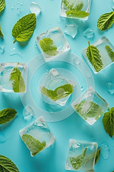 Ice cubes with frozen mint leaves inside on blue Turquoise background, vertical composition