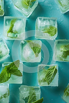 Ice cubes with frozen mint leaves inside on blue Turquoise background, vertical composition