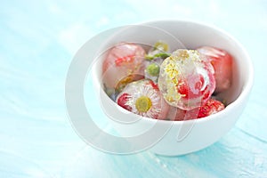 Ice cubes with fruit berry and flowers. Ice cubes with cranberry