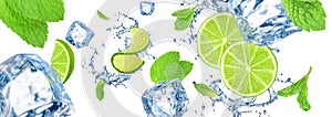 Ice cubes, lime and water splash