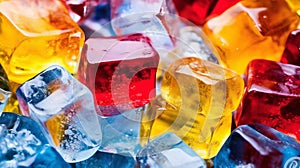 Ice cubes. Multicolored and transparent cold ingredient for drinks and lemonades