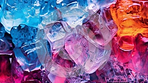 Ice cubes. Multicolored and transparent cold ingredient for drinks and lemonades