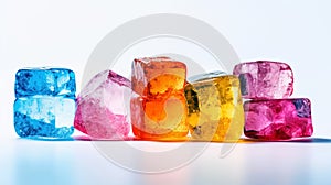 Ice cubes. Multicolored and transparent cold ingredient for drinks and lemonades