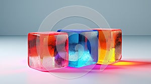 Ice cubes. Multicolored and transparent cold ingredient for drinks and lemonades