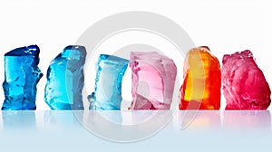 Ice cubes. Multicolored and transparent cold ingredient for drinks and lemonades