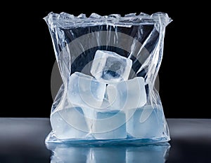 Ice cubes in plastic bag isolated on black