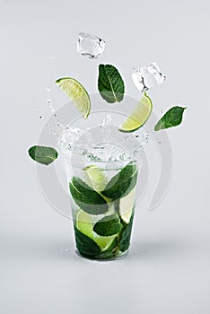 Ice cubes, slices of lime and mint leaves splashing into glass of lemonade on light grey