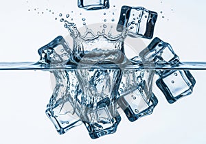 Ice cubes splash into clear water creating ripples and reflections