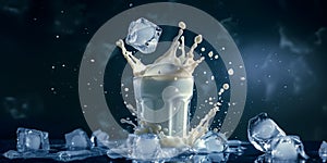 Ice cubes splashing dropping onto glass of milk milkshake yoghurt smoothie protein shake with liquid droplet splash