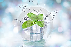 Ice cubes and splashing water with mint