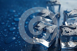 Ice cubes with water drops on blue background, closeup. Space for text