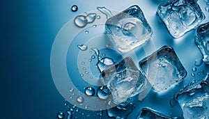 Ice cubes with water drops on a blue background, top view with copy space.