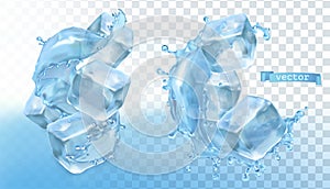 Ice cubes and water splash. 3d vector