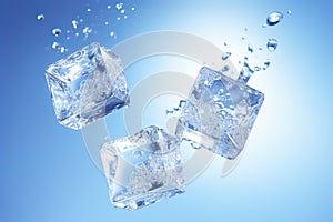 Ice cubes with water splash on blue background, closeup