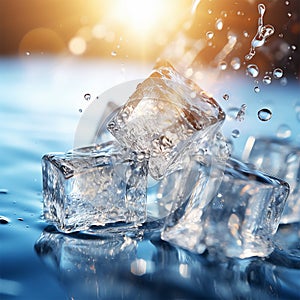 Ice cubes with water splash, water backgrounds, macro, detailed close up generated by AI