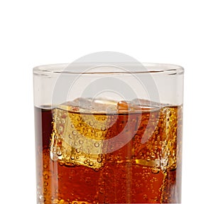 Ice cubes wuth bubbles in glass of cola