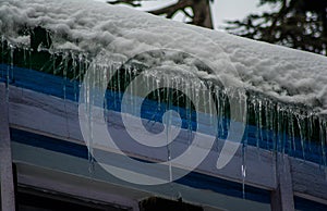 Ice dams with a cold roof at Patnitop Jammu India, Winter landscape