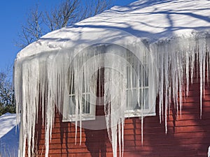 Ice dams and snow on roof and gutters