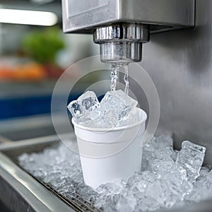 Ice dispenser with cup and ice cubes, refreshing and cold.