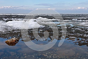 Ice drift on the river. Melting ice on the river has a crystalline structure.