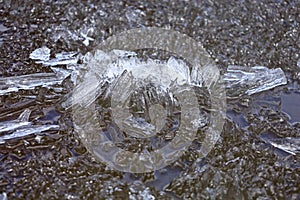 Ice drift on the river. Melting ice on the river has a crystalline structure.