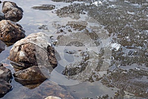 Ice drift on the river. Melting ice on the river has a crystalline structure.