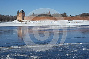 Ice drift on the Volkhov River near the Kremlin walls, early spring. Veliky Novgorod