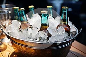 Ice enveloped pail cools beer filled bottles, ensuring a frosty and satisfying drink photo