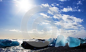 ice fields at the black pebble beach, coast of iceland