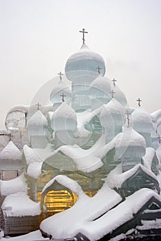 Ice figures in Moscow. Kizhi church complex