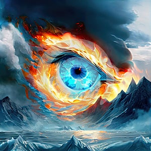 Ice and fire watching eye concept illustration