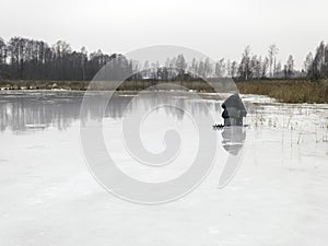 Ice fishermen , beautiful glaciers on ice and water,