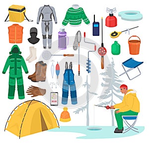 Ice fishing gear. Equipment for winter fishing, flat vector illustration. Warm clothes, fisherman tackle and accessories