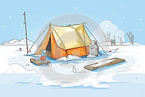 ice-fishing tent placed on a snow-covered field