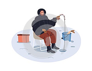 Ice fishing in winter. Fisherman sitting, catching fish with rod in frozen river, lake in cold weather, snow season