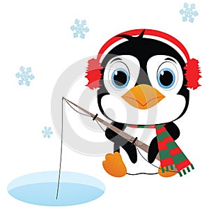 Ice Fishing Winter Penguin Pole Fishing in the Snow Illustration White Background with Clipping Path