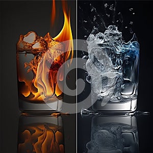 Ice and flame, on one side of illustration is ice, on other - flame, concept of unity and struggle of opposites