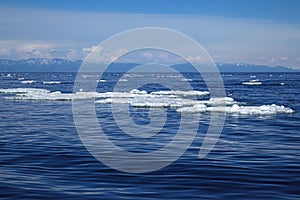 Ice floating on blue water surface