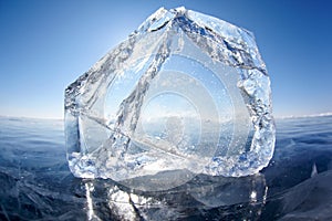 Ice floe and sun on winter Baikal lake