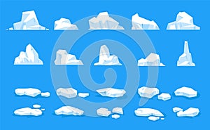 Ice floes. Antarctic floating glacier pieces, melting icebergs and frozen icy blocks, blue frost floe in cold water flat style.