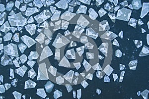 Ice floes in the Baltic Sea, close-up photo, drone view