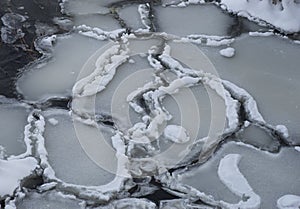 Ice floes in dark river
