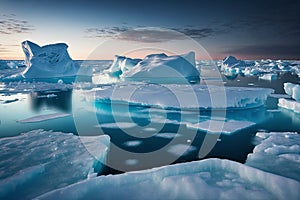 Ice floes and icebergs in the cold Arctic in global warming