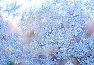 Ice flowers frozen texture on window background